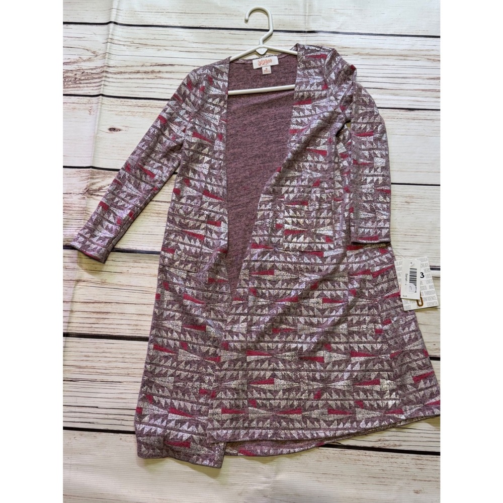LuLaRoe Sariah Kids Cardigan Size 8 Purple‎ Pink Silver Metallic Geometric NWT